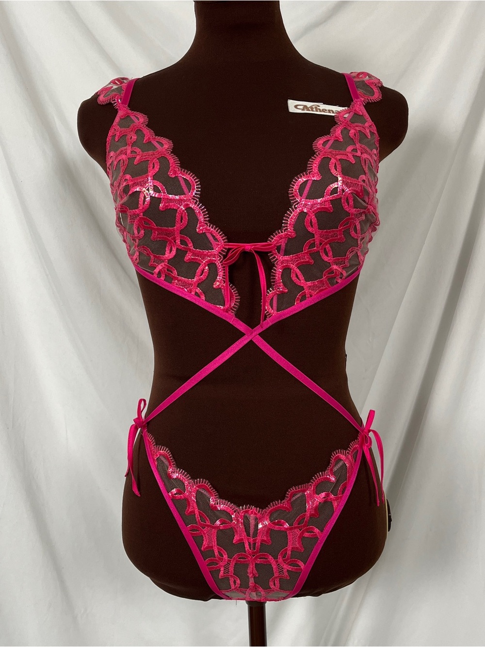 Victoria's Secret Pink Embroidered Heart Shimmer Strappy Crotchless Teddy NWT